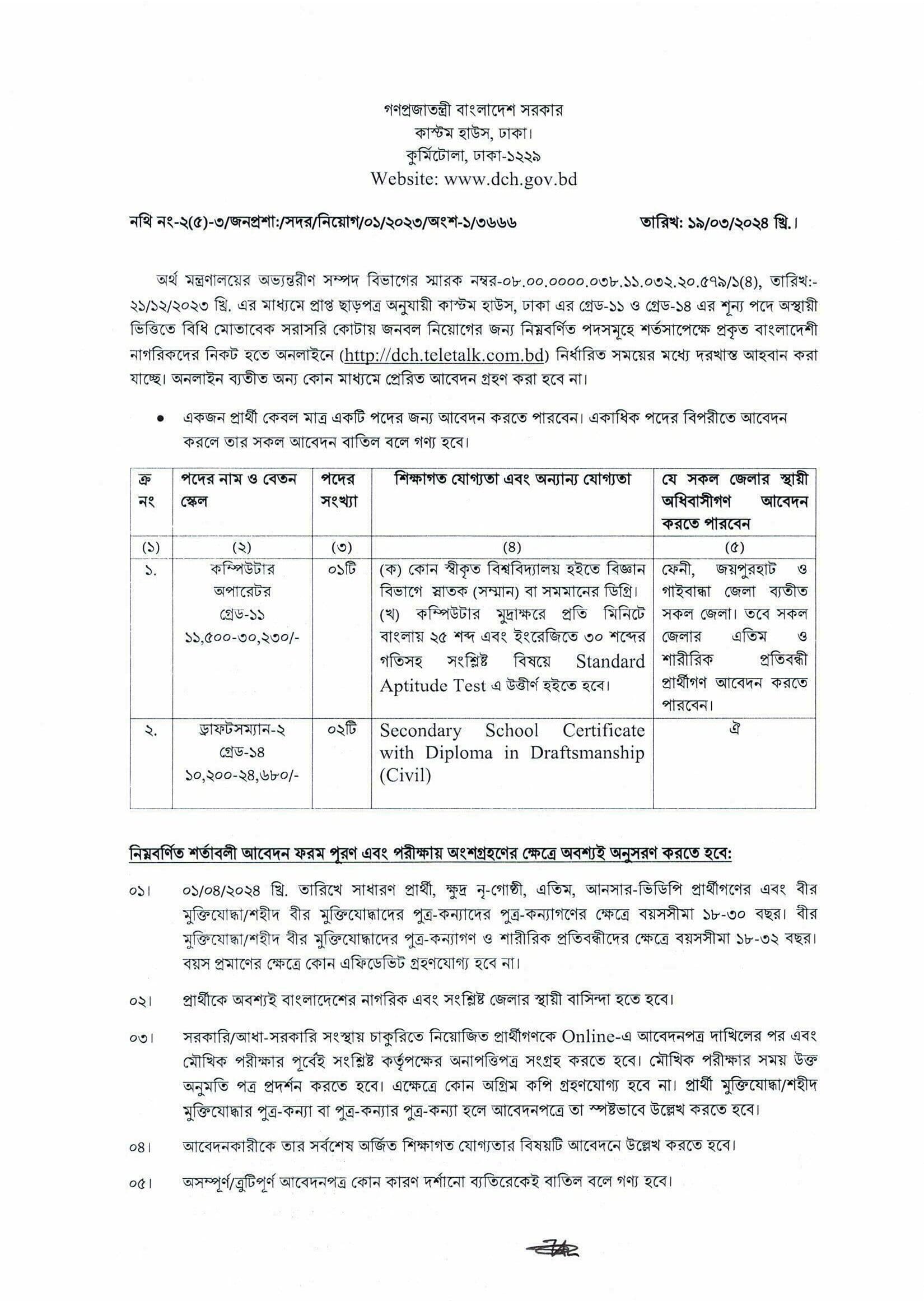 DCH Dhaka Custom House Job Circular 2024