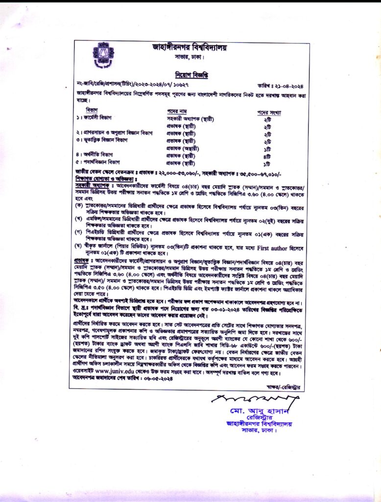 Jahangirnagar University Job Circular