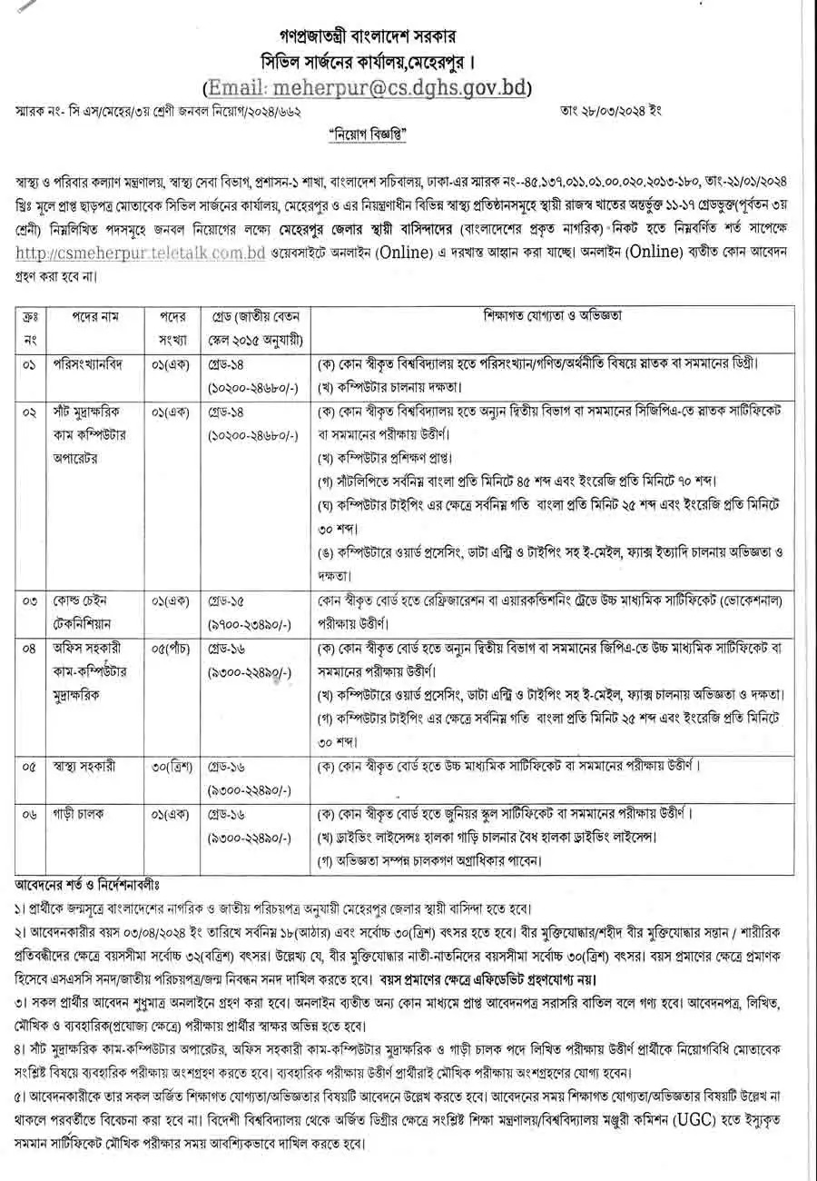 Meherpur Civil Surgeon Job Circular 2024 | মেহেরপুর সিভিল সার্জন কার্যালয় নিয়োগ