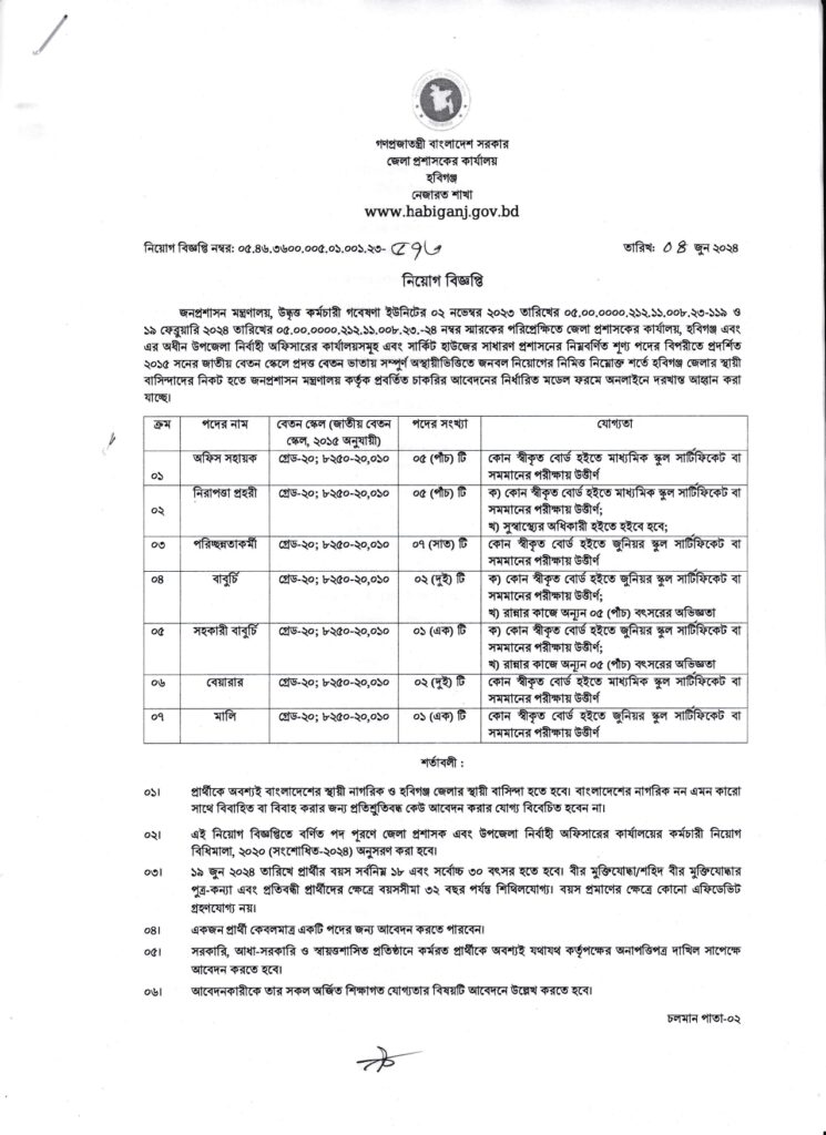 Habiganj DC Office Job Circular 2024