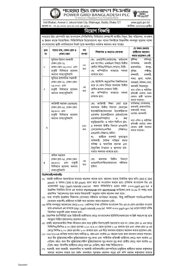 PGCB Job Circular 2024